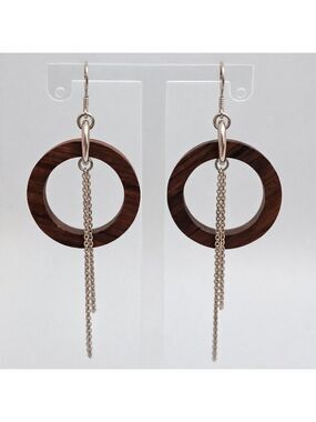 Handmade Brown Circular Wood & Sterling Silver 925 Chain Tassel Earrings